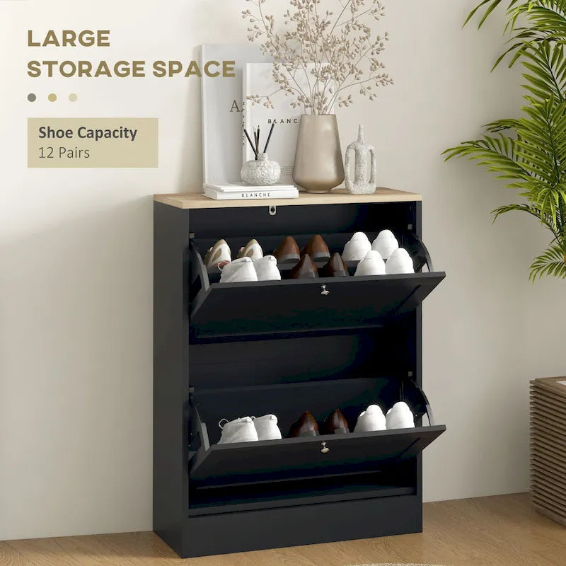 Slim Shoe Cabinet for Entryway, Hidden Shoe Storage Cabinet with 2 Flip Drawers and Adjustable Shelves for 12 Pairs of Shoes