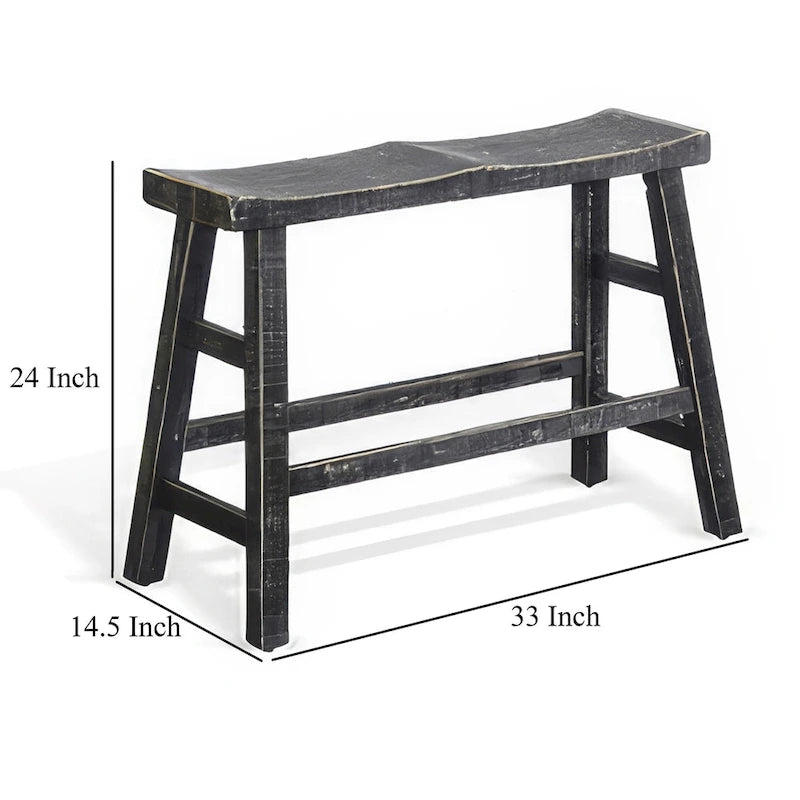 Counter Height Bench, 33 Inch Rustic Black Mahogany Wood Frame