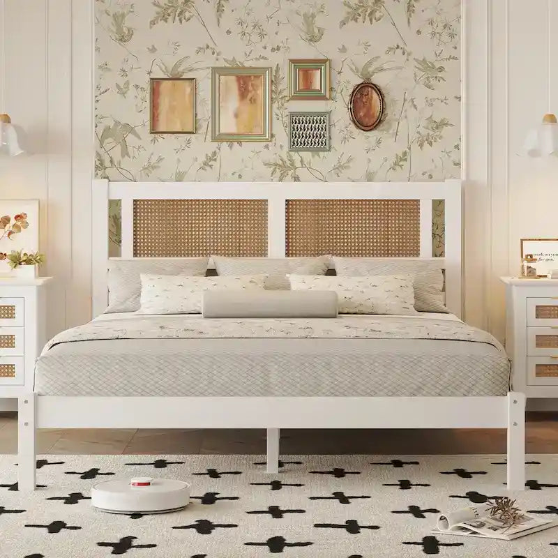 Modern Style Wooden Platform Bed with Natural Rattan Headboard for Bedroom