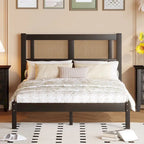 Modern Style Wooden Platform Bed with Natural Rattan Headboard for Bedroom
