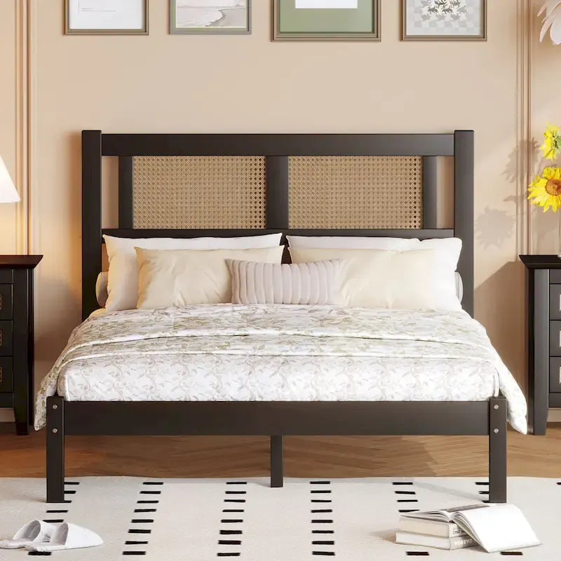 Modern Style Wooden Platform Bed with Natural Rattan Headboard for Bedroom