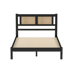 Modern Style Wooden Platform Bed with Natural Rattan Headboard for Bedroom
