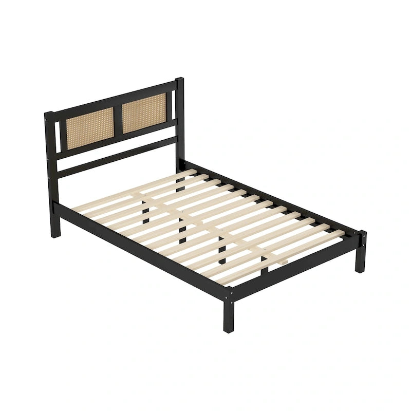 Modern Style Wooden Platform Bed with Natural Rattan Headboard for Bedroom