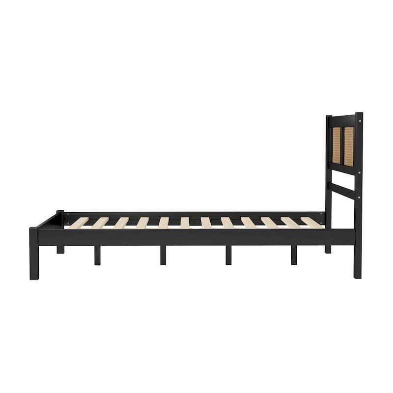 Modern Style Wooden Platform Bed with Natural Rattan Headboard for Bedroom