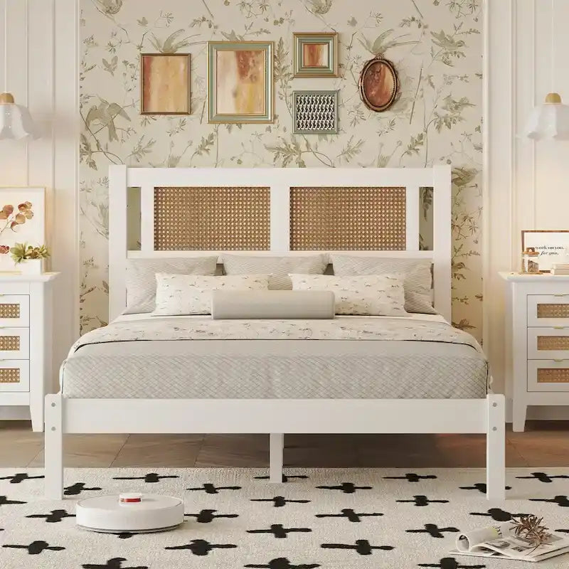 Modern Style Wooden Platform Bed with Natural Rattan Headboard for Bedroom