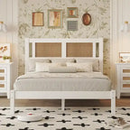 Modern Style Wooden Platform Bed with Natural Rattan Headboard for Bedroom