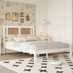 Modern Style Wooden Platform Bed with Natural Rattan Headboard for Bedroom