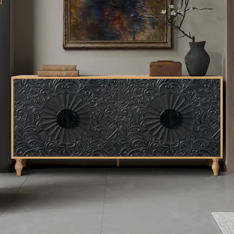 63 Accent TV Stand with Carved Doors & Wood Legs for Living Room