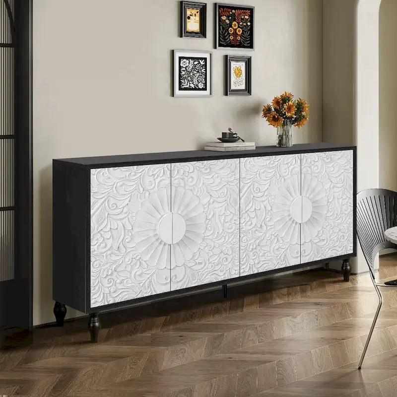 63 Accent TV Stand with Carved Doors & Wood Legs for Living Room