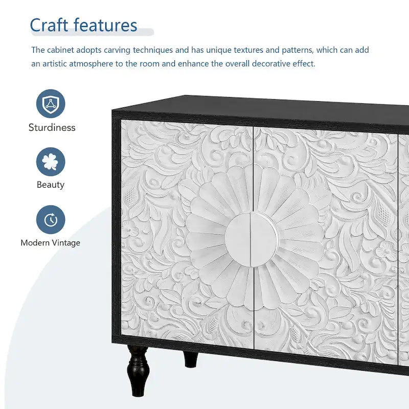 63 Accent TV Stand with Carved Doors & Wood Legs for Living Room