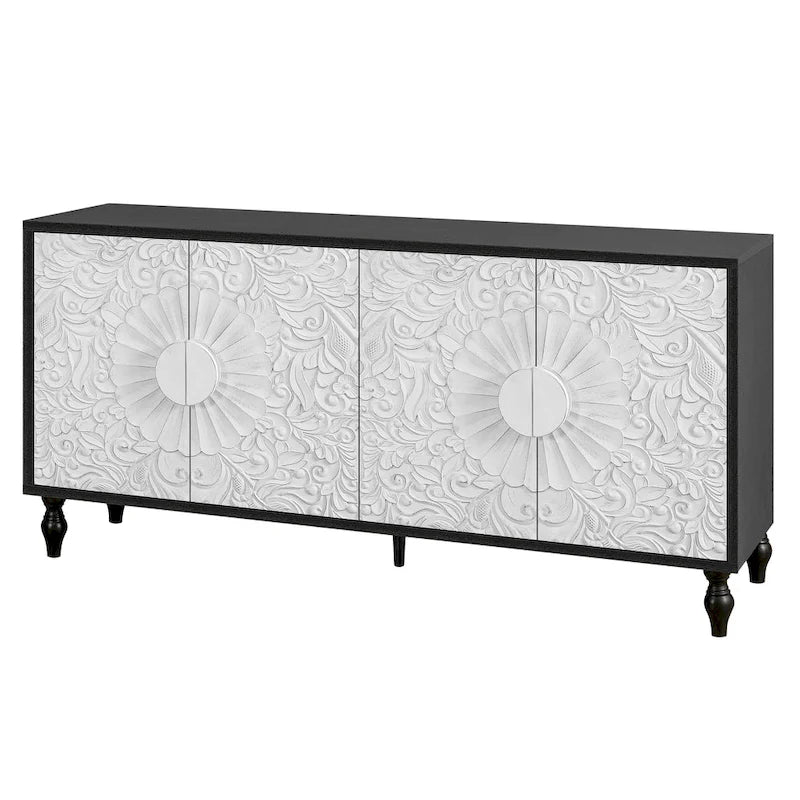 63 Accent TV Stand with Carved Doors & Wood Legs for Living Room