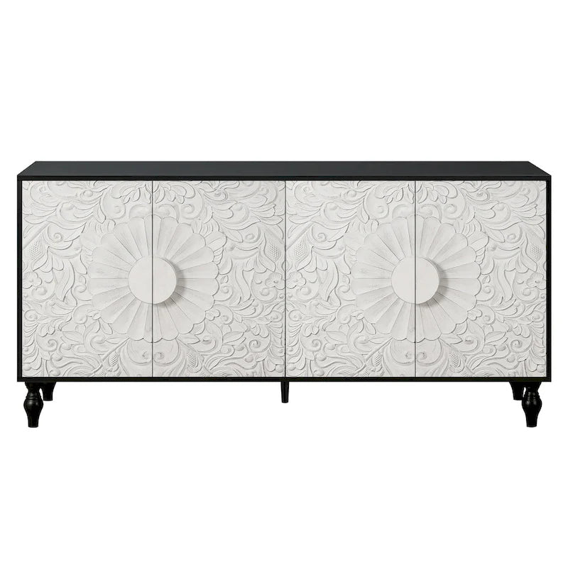 63 Accent TV Stand with Carved Doors & Wood Legs for Living Room
