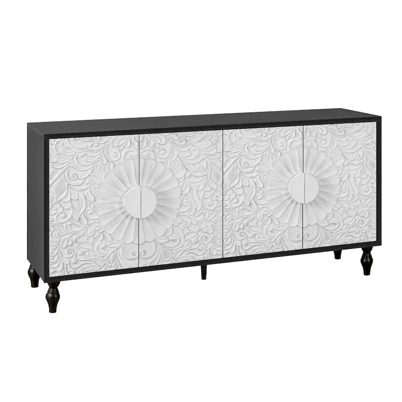 63 Accent TV Stand with Carved Doors & Wood Legs for Living Room