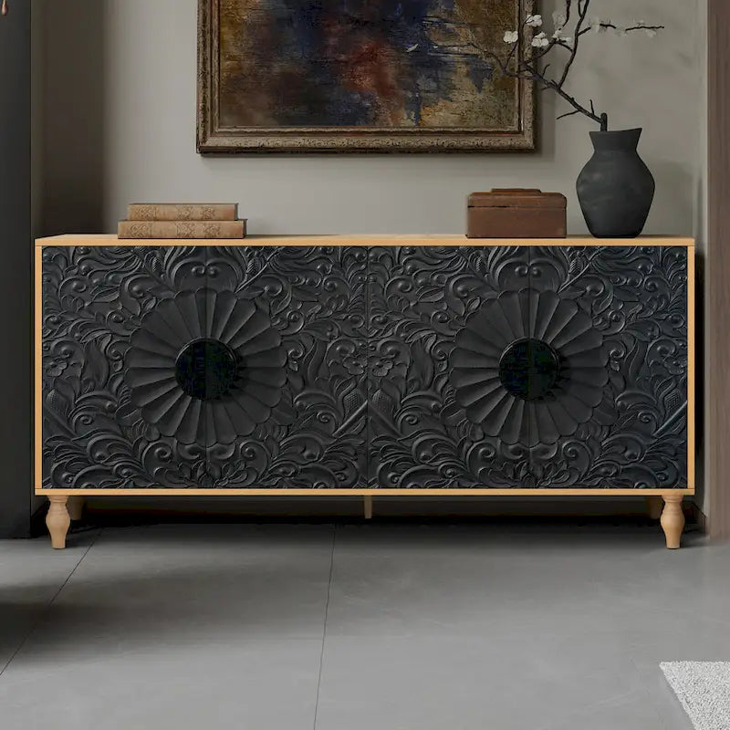 63 Accent TV Stand with Carved Doors & Wood Legs for Living Room
