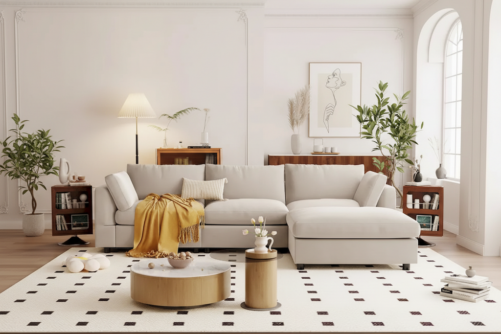 Beige 113 L-Shaped 4-Seat Sectional Sofa with Adjustable Footrest and Reversible Chaise