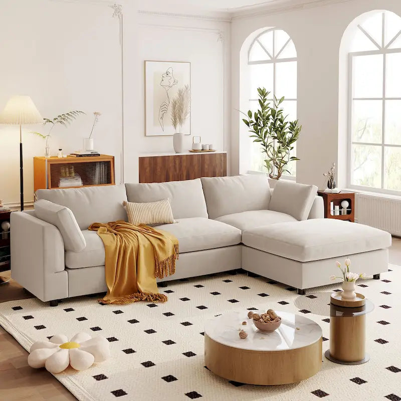 Beige 113 L-Shaped 4-Seat Sectional Sofa with Adjustable Footrest and Reversible Chaise