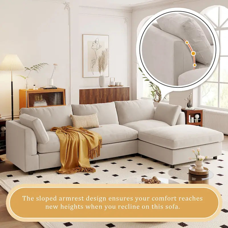 Beige 113 L-Shaped 4-Seat Sectional Sofa with Adjustable Footrest and Reversible Chaise