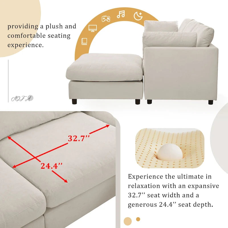 Beige 113 L-Shaped 4-Seat Sectional Sofa with Adjustable Footrest and Reversible Chaise