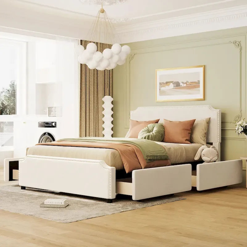 Velvet Queen Platform Bed with 4 Drawers & Nailhead Trim