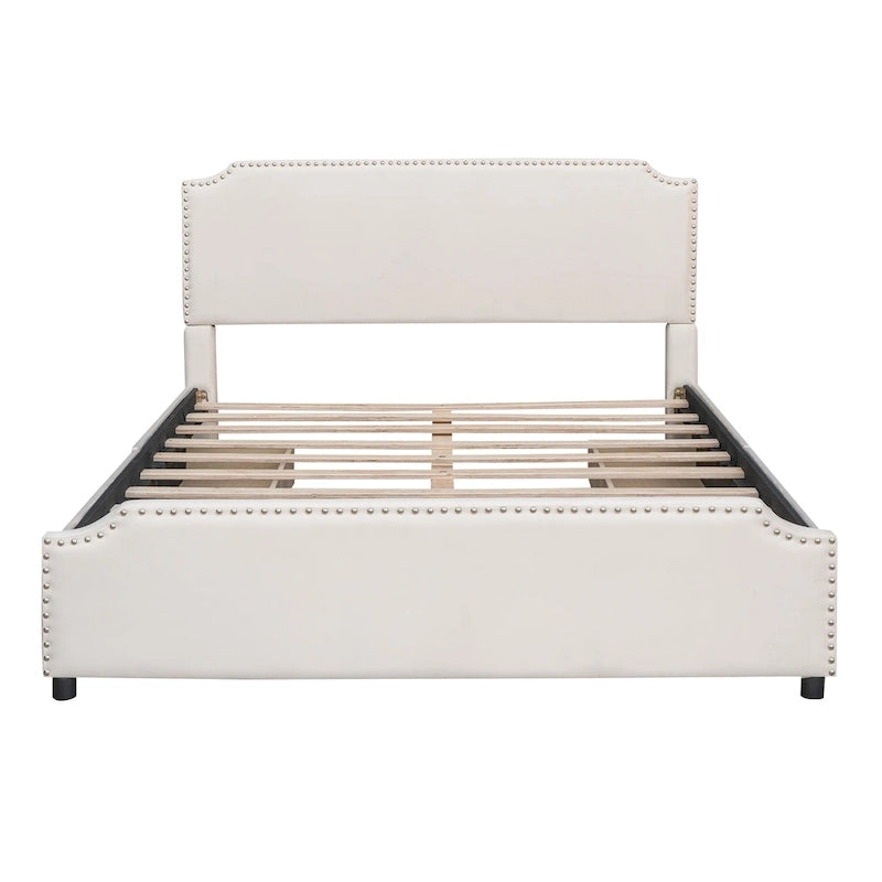Velvet Queen Platform Bed with 4 Drawers & Nailhead Trim