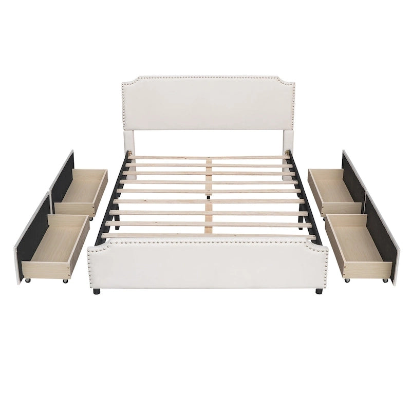 Velvet Queen Platform Bed with 4 Drawers & Nailhead Trim