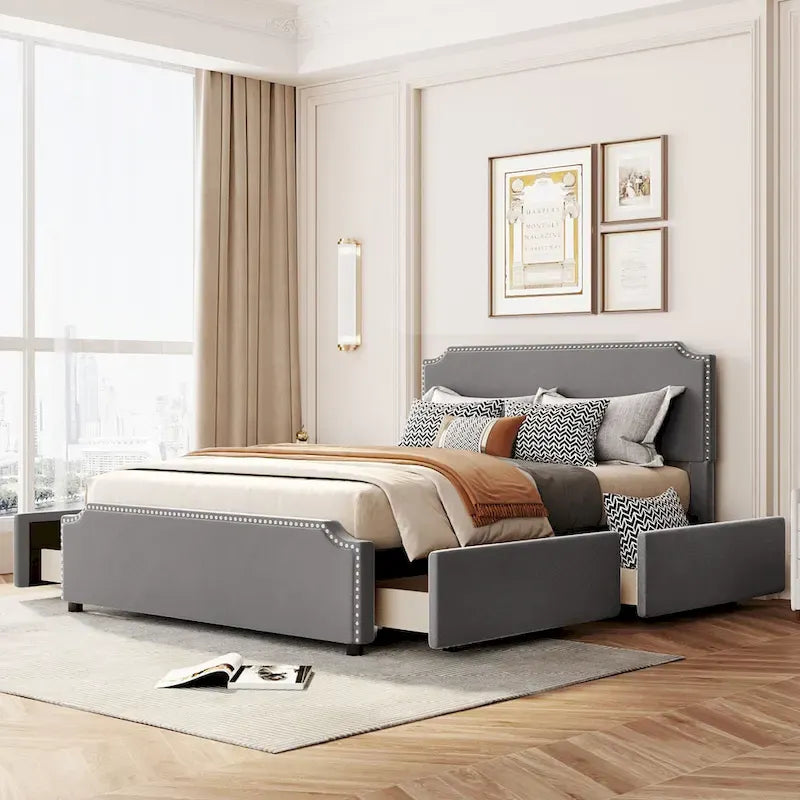 Velvet Queen Platform Bed with 4 Drawers & Nailhead Trim