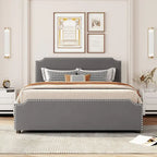 Velvet Queen Platform Bed with 4 Drawers & Nailhead Trim
