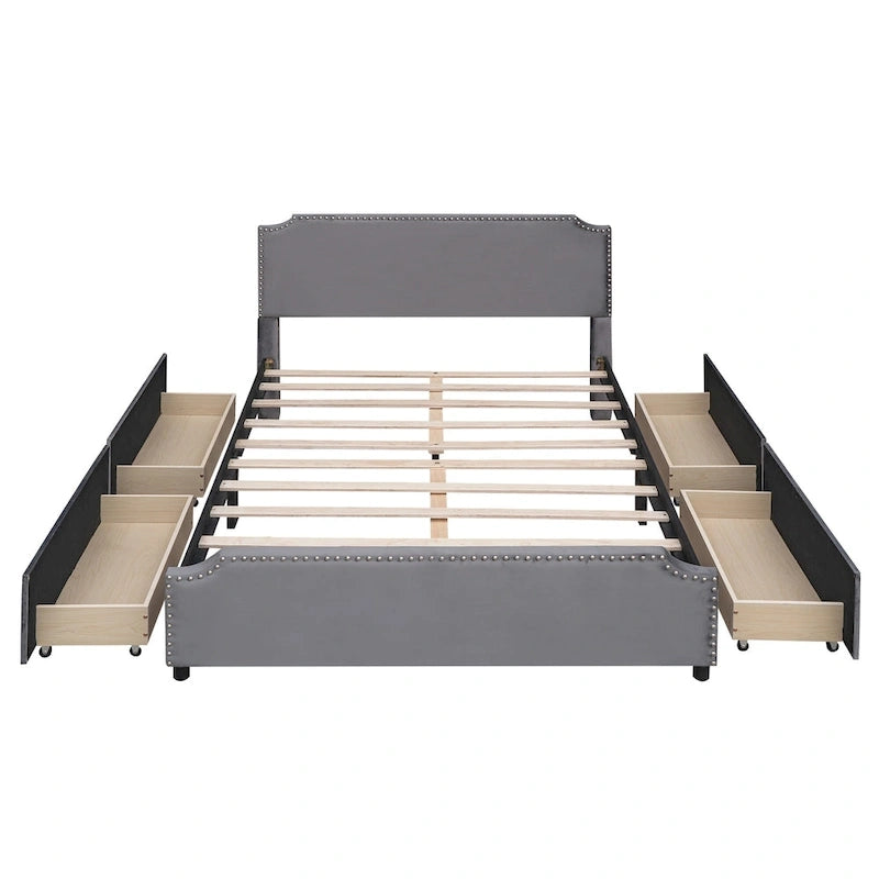 Velvet Queen Platform Bed with 4 Drawers & Nailhead Trim
