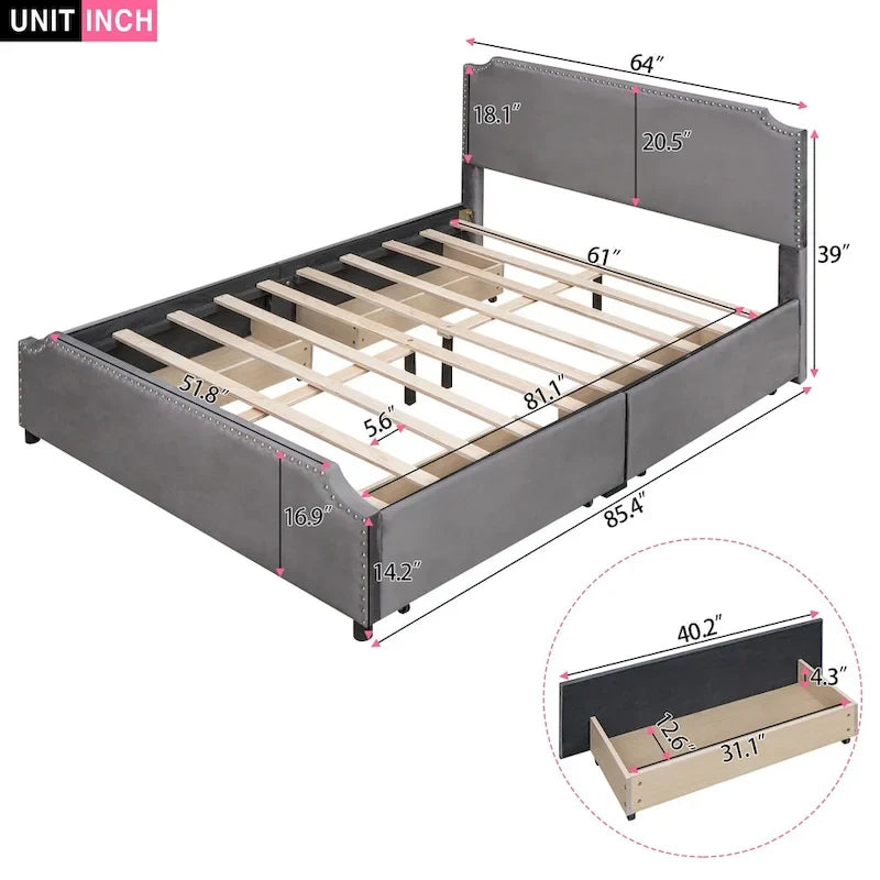 Velvet Queen Platform Bed with 4 Drawers & Nailhead Trim