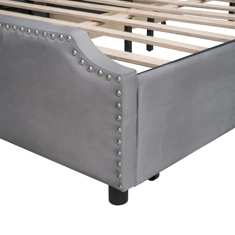Velvet Queen Platform Bed with 4 Drawers & Nailhead Trim