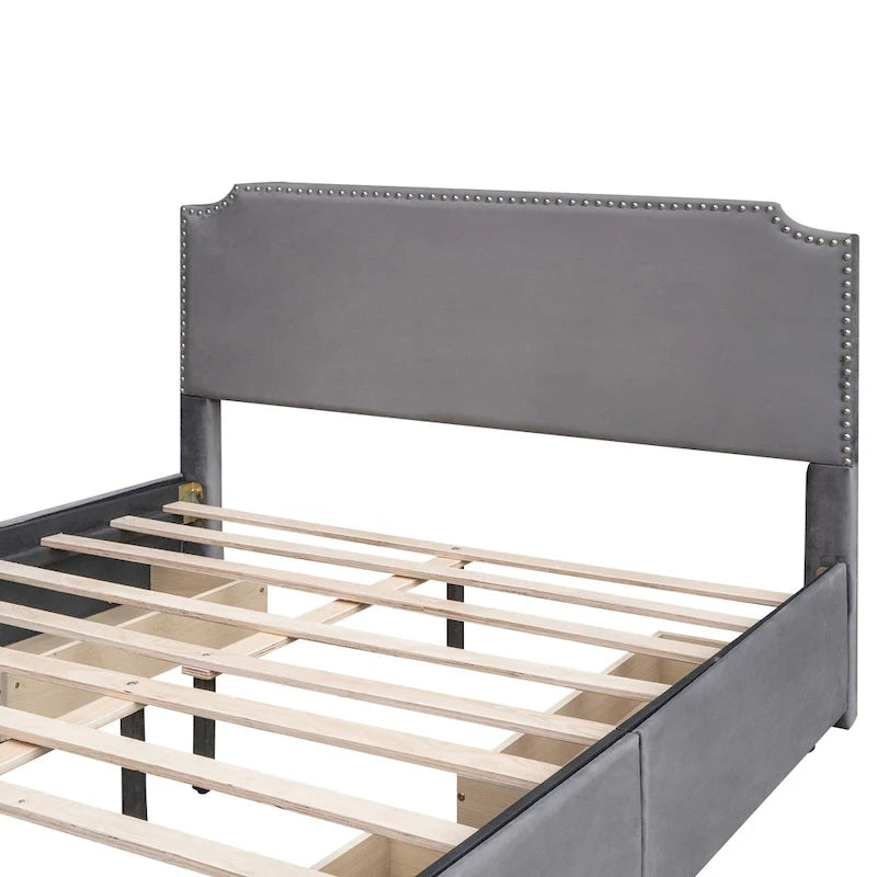 Velvet Queen Platform Bed with 4 Drawers & Nailhead Trim