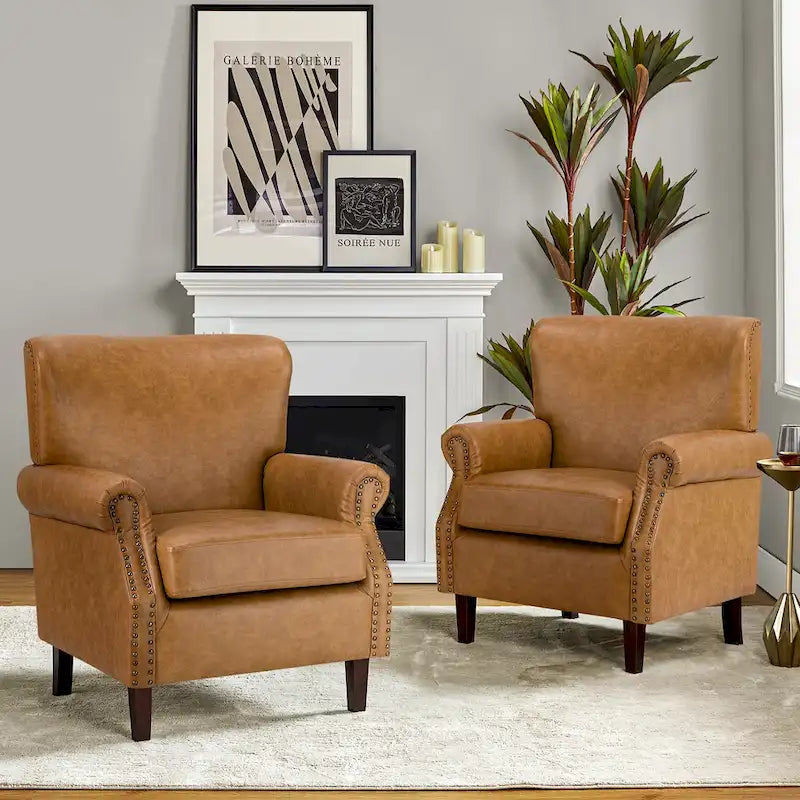 Vegan Transitional Armchair with Rolled Arms Set of 2