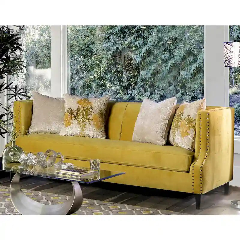 Transitional Fabric Upholstered Tufted Back Tuxedo Arms Sofa