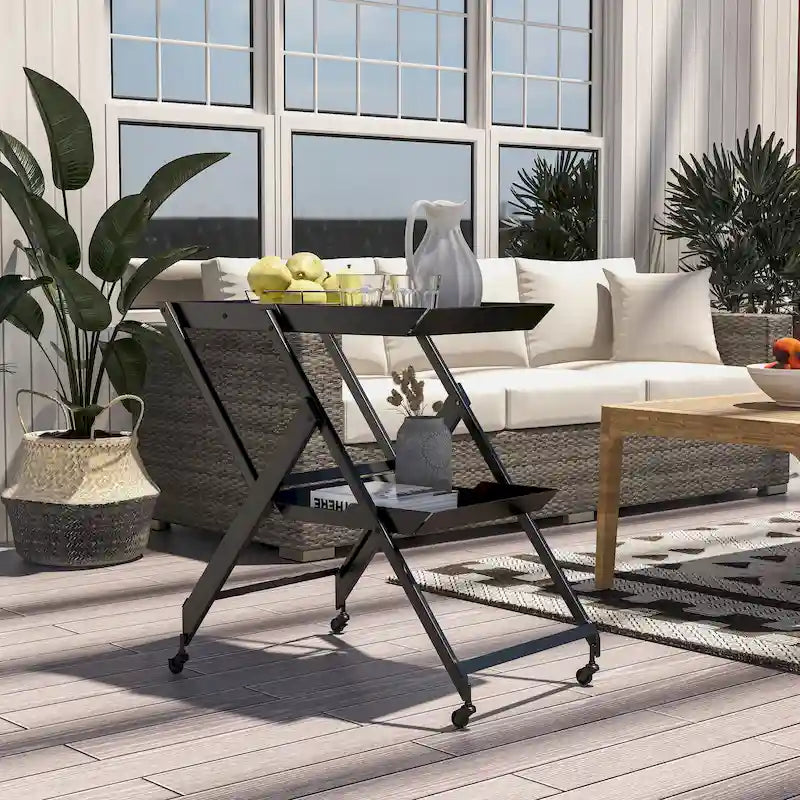 Contemporary Steel 2-Shelf Folding Server Cart with Wheeled Base