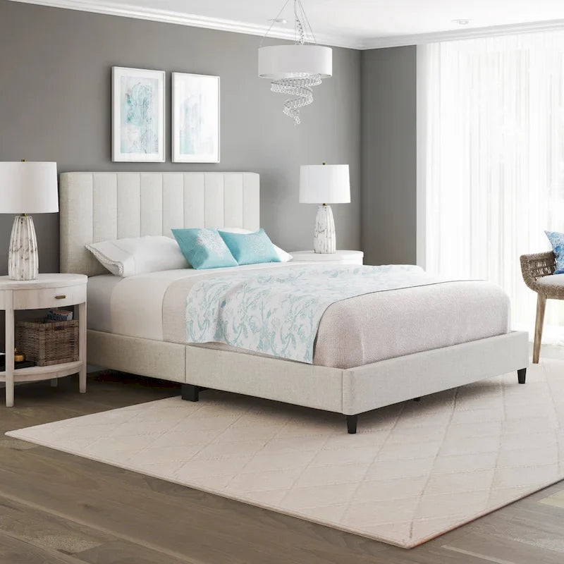 Linen Fully Upholstered Platform Bed Frame with Adjustable Headboard