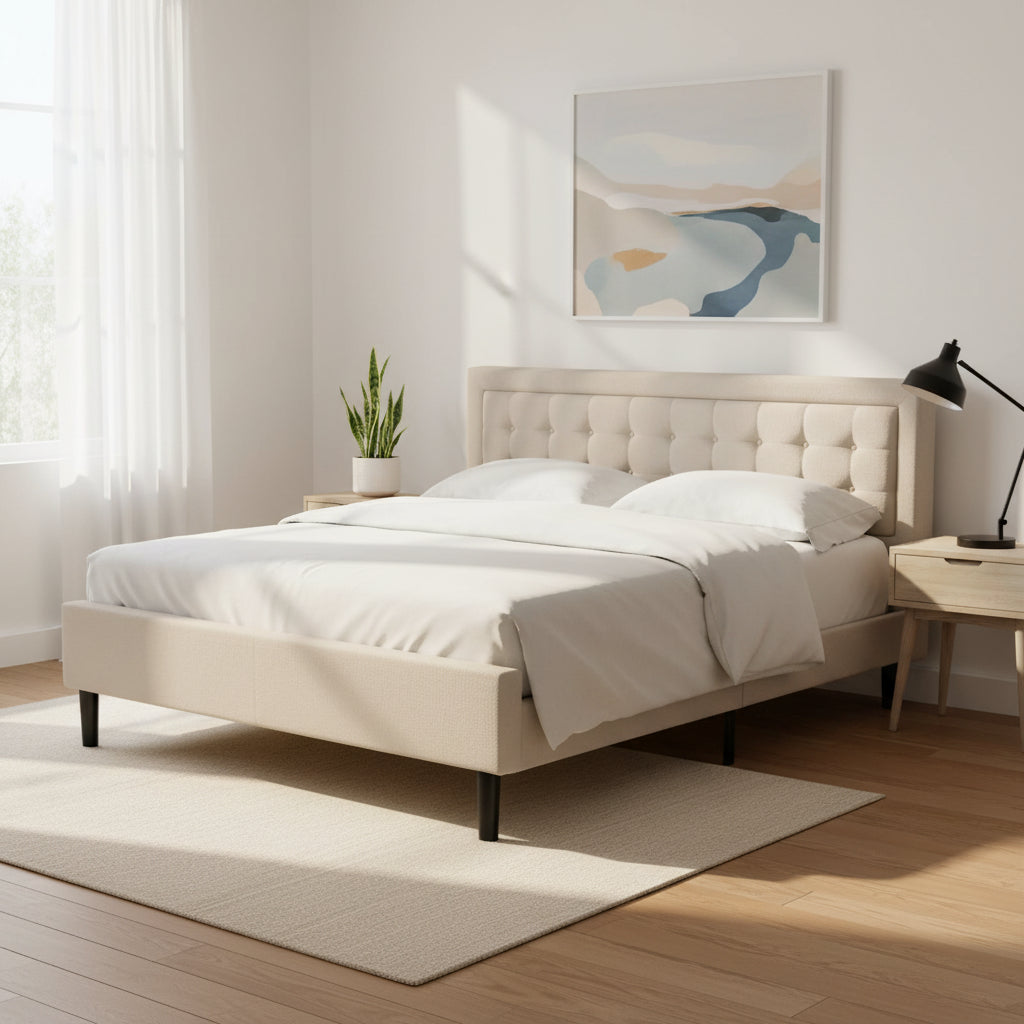 King Bedroom Set with 1 Bed and a Wire Brushed Butter Cream End Table - Mist Beige Linen Fabric Bed(Pieces Option)