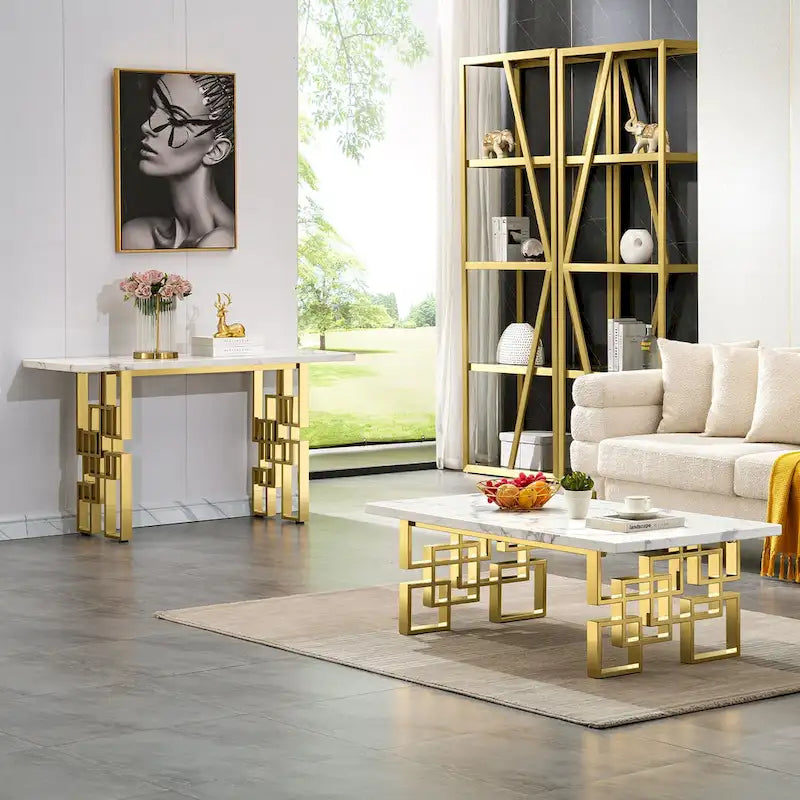 Modern Console Table 55 inch Sofa Table with High Gloss Top and Mirrored Metal Base for Entryway Living Room