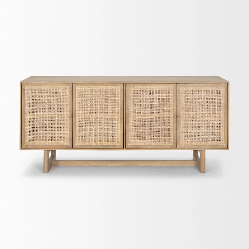 Light Brown Solid Wood with Cane 4 Door Sideboard - 72.0L x 18.0W x 31.0H