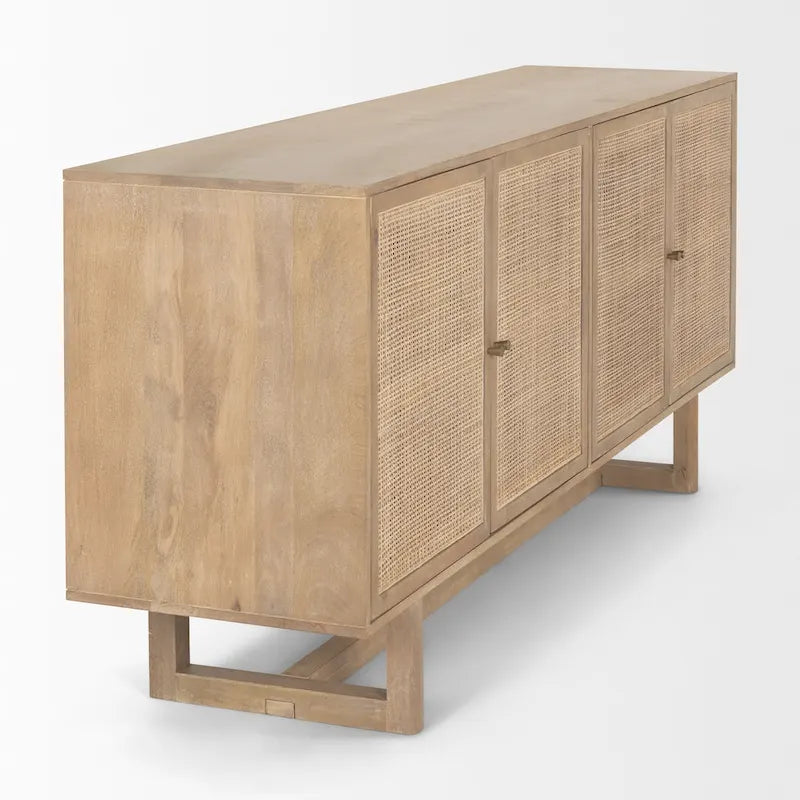 Light Brown Solid Wood with Cane 4 Door Sideboard - 72.0L x 18.0W x 31.0H