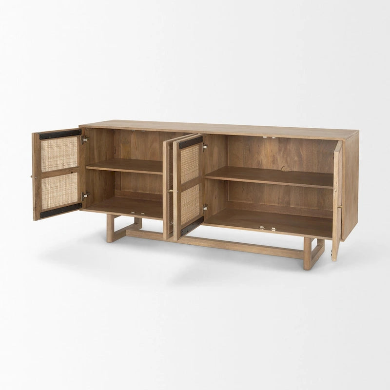 Light Brown Solid Wood with Cane 4 Door Sideboard - 72.0L x 18.0W x 31.0H