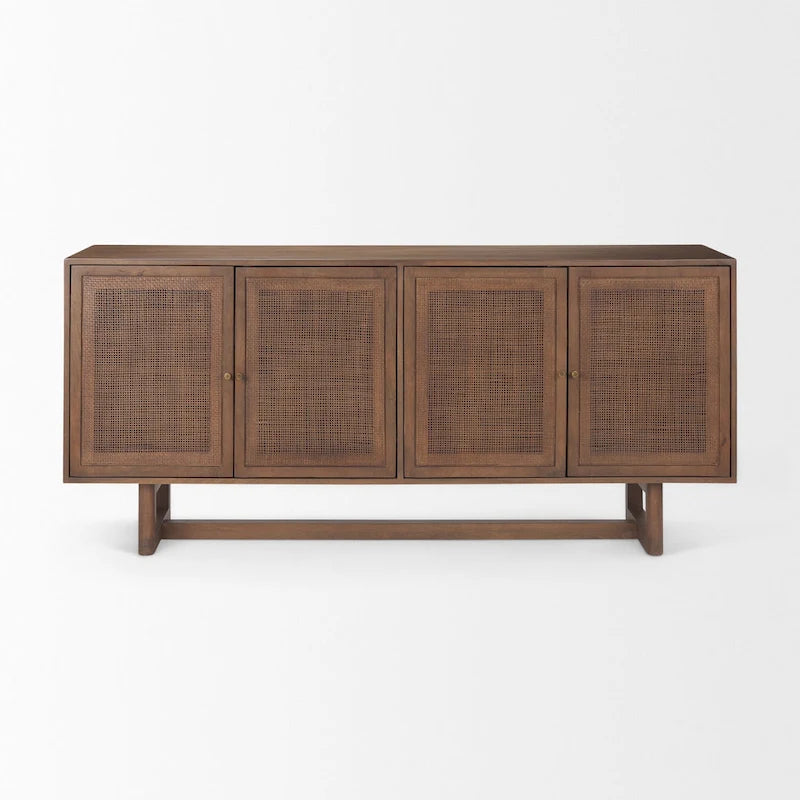 Light Brown Solid Wood with Cane 4 Door Sideboard - 72.0L x 18.0W x 31.0H