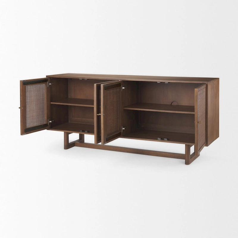 Light Brown Solid Wood with Cane 4 Door Sideboard - 72.0L x 18.0W x 31.0H