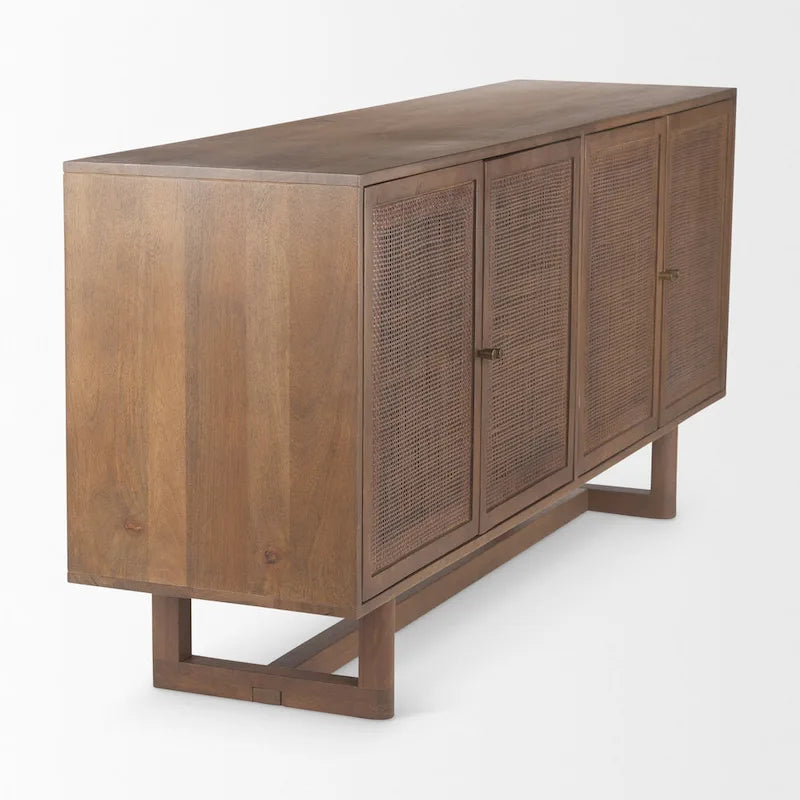 Light Brown Solid Wood with Cane 4 Door Sideboard - 72.0L x 18.0W x 31.0H