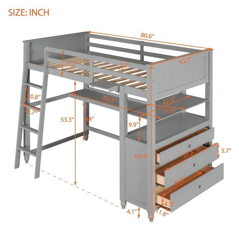Twin Size Loft Bed with Desk and Dresser, Wooden Loft Bed with Storage Drawers and Shelves for Kids Teens Boys Girls