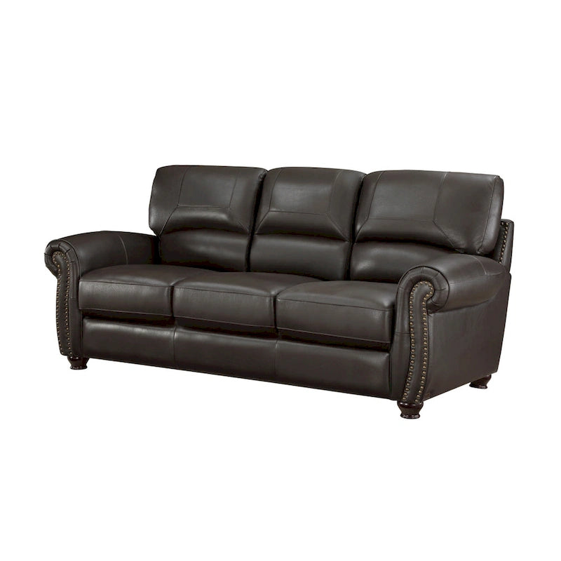 84 Inch Sofa, Dark Brown Top Grain and Faux Leather, Solid Wood