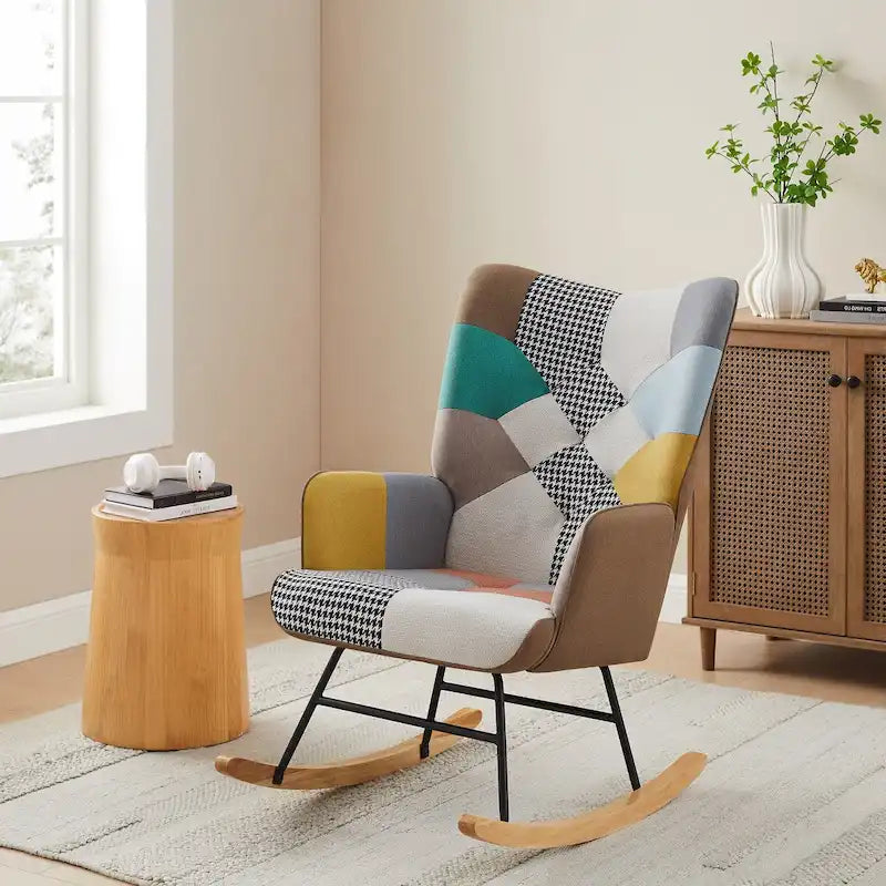 25.2 Wide French Patchwork Linen Upholstered Nursery Rocking Chair with Wood Legs