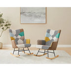 25.2 Wide French Patchwork Linen Upholstered Nursery Rocking Chair with Wood Legs