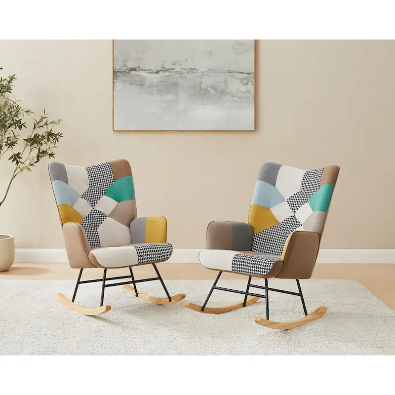 25.2 Wide French Patchwork Linen Upholstered Nursery Rocking Chair with Wood Legs
