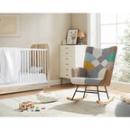 25.2 Wide French Patchwork Linen Upholstered Nursery Rocking Chair with Wood Legs