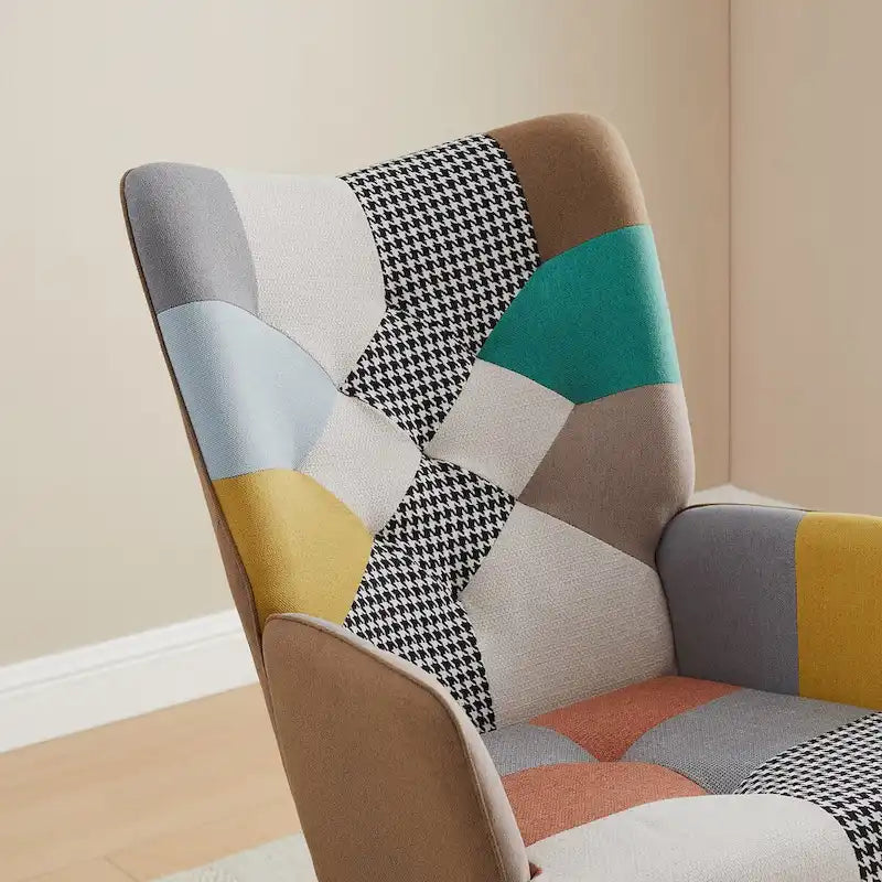 25.2 Wide French Patchwork Linen Upholstered Nursery Rocking Chair with Wood Legs